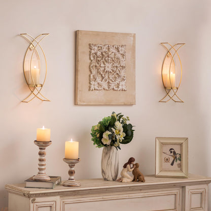 Walasis Candle Sconces Wall Decor Set of 2: Wall Hurricane Candle Holder Modern Metal Wall Mounted Gold Sconces Decorations for Living Room Bedroom Bathroom Hallway Outdoor