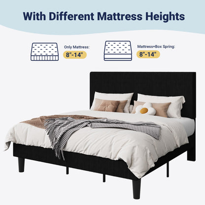 Allewie King Size Upholstered Bed Frame with Vertical Channel Tufted Headboard, Soft Corduroy Fabric Platform Bed, Strong Wooden Slats Support, Easy Assembly, No Box Spring Needed, Black