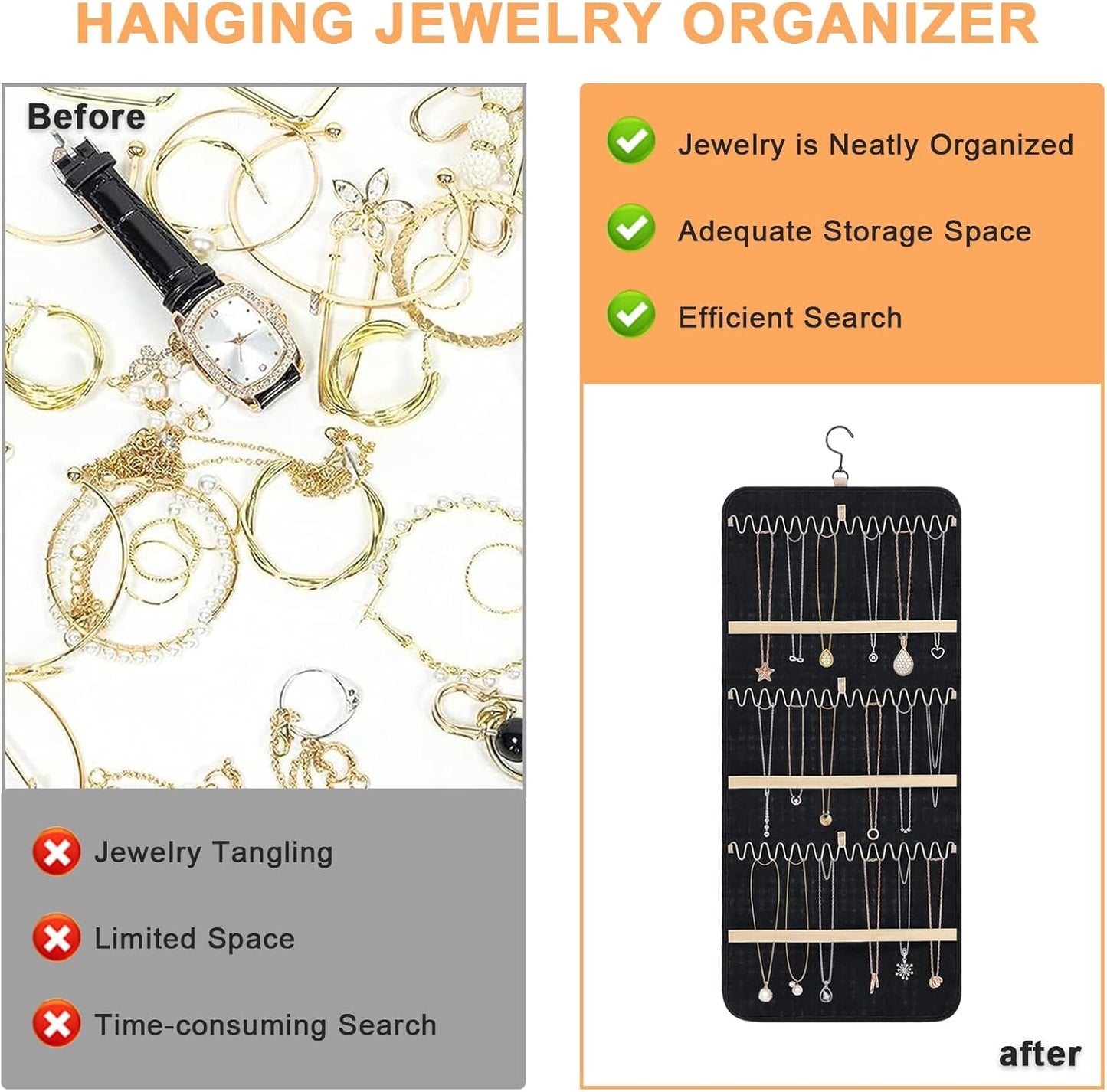 Hanging Jewelry Organizer - Double Sided with 32/48 Pockets, 14/21 Hook Loops, Foldable Travel Jewelry Roll