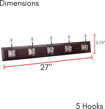 BIRDROCK HOME Classic Hook Coat and Hat Rack, 5 Hooks, Wall Mount, Brown Finish