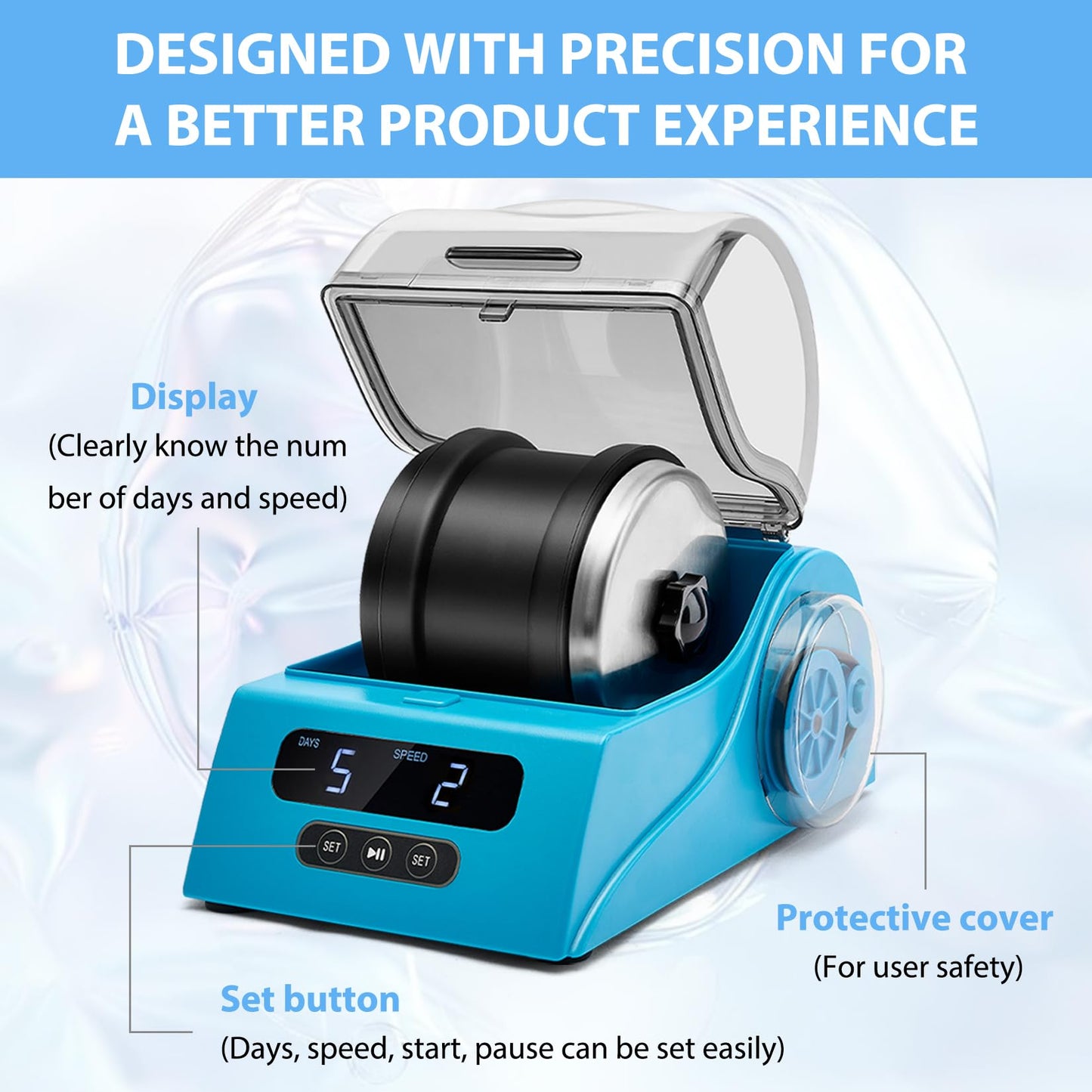 Rock Tumbler Kit Adults - Rock Polisher Tumbler with Noise Reduction Cover, Speed&Timer Control, Includes 4 Polishing Grits, Rough Gemstones, Learning Guide etc.（Blue）