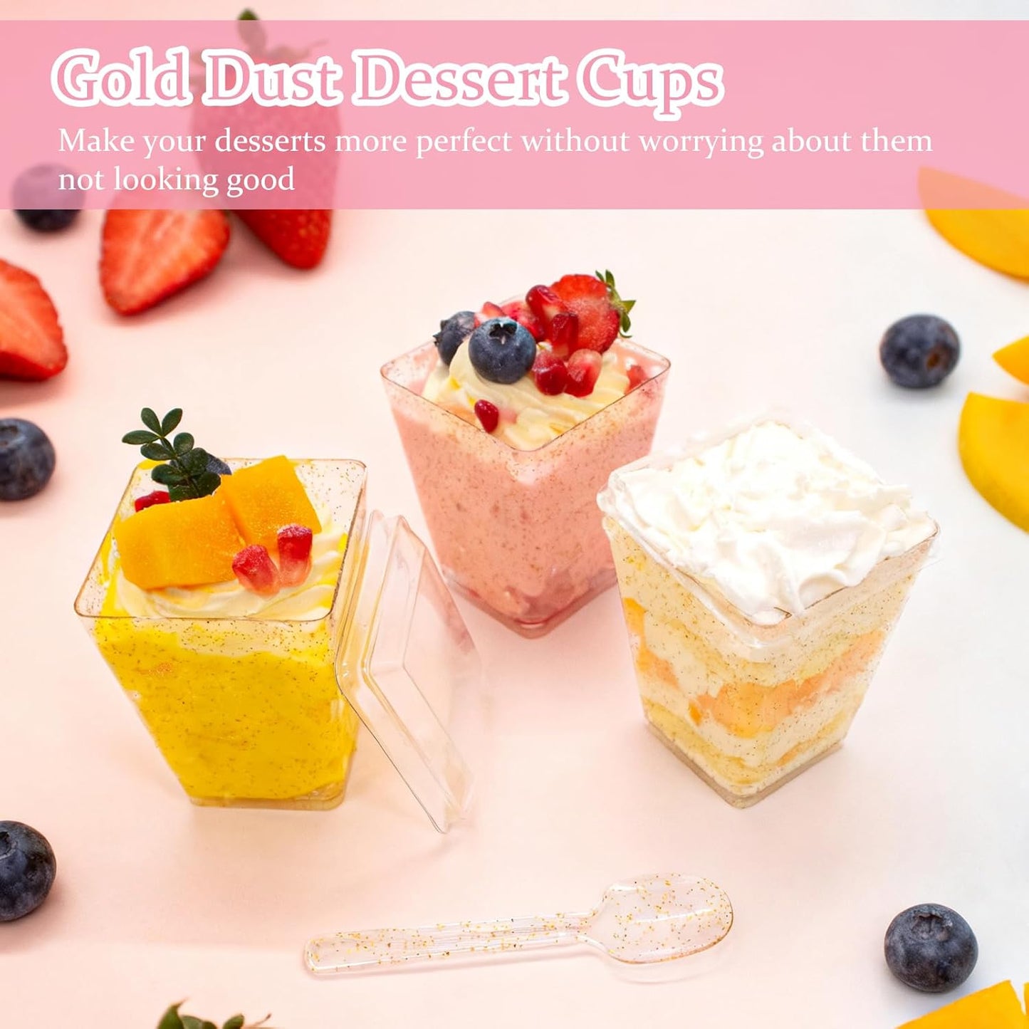 180 Pack 5Oz Gold Glitter Dessert Cups with Lids and Spoons Plastic Square Yogurt Parfait Appetier Cups for Party