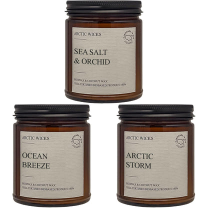 Arctic Wicks 3 Pack Spring Candle Set - Sea Salt & Orchid, Ocean Breeze & Arctic Storm | Coconut Beeswax Candles | 9oz Amber Jar | Farmhouse Candles Non-Toxic Clean Burn 100% USDA Certified Biobased