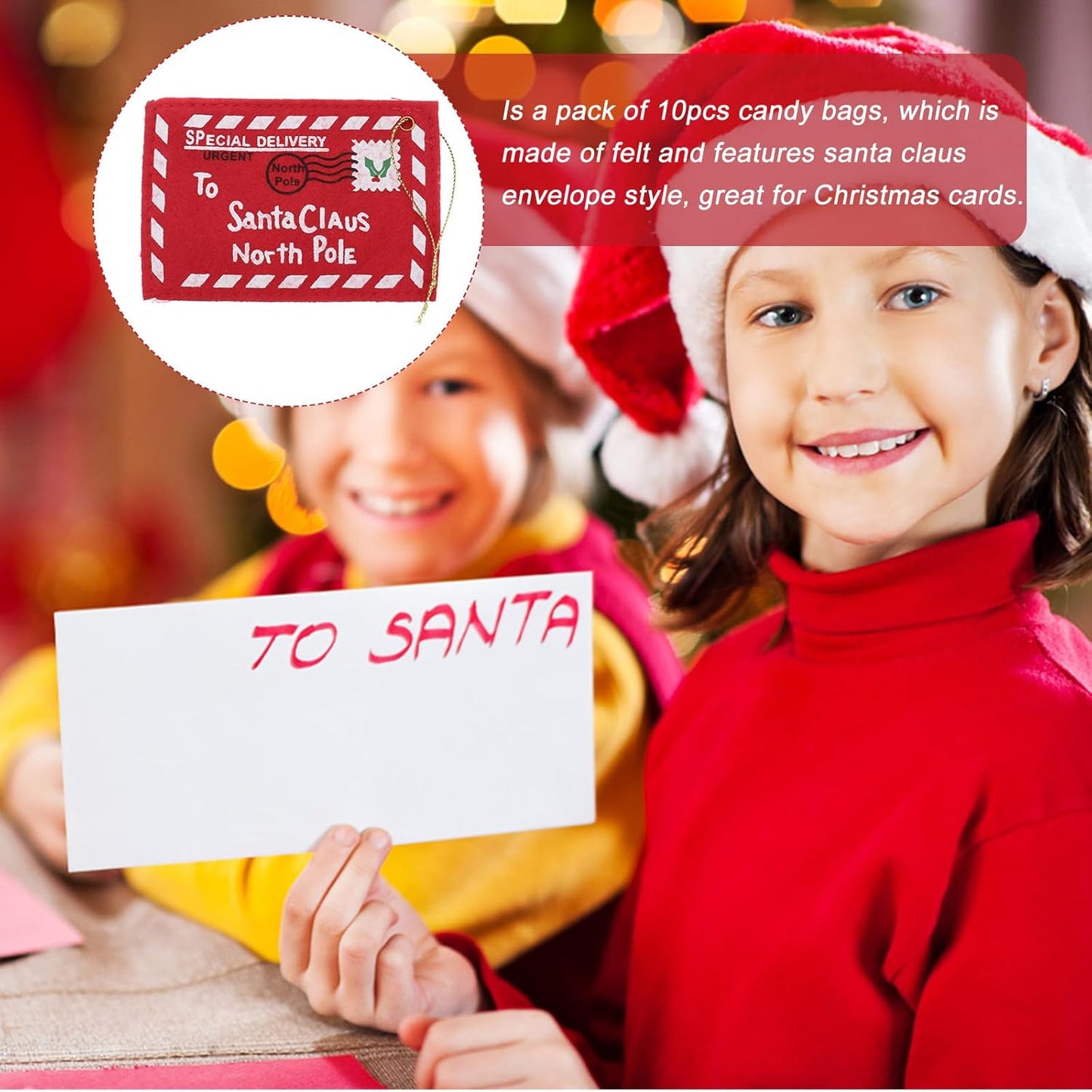 Letter Envelope to Santa Claus, 10pcs Christmas Candy Bag Tree Ornament Embroidery (Red)