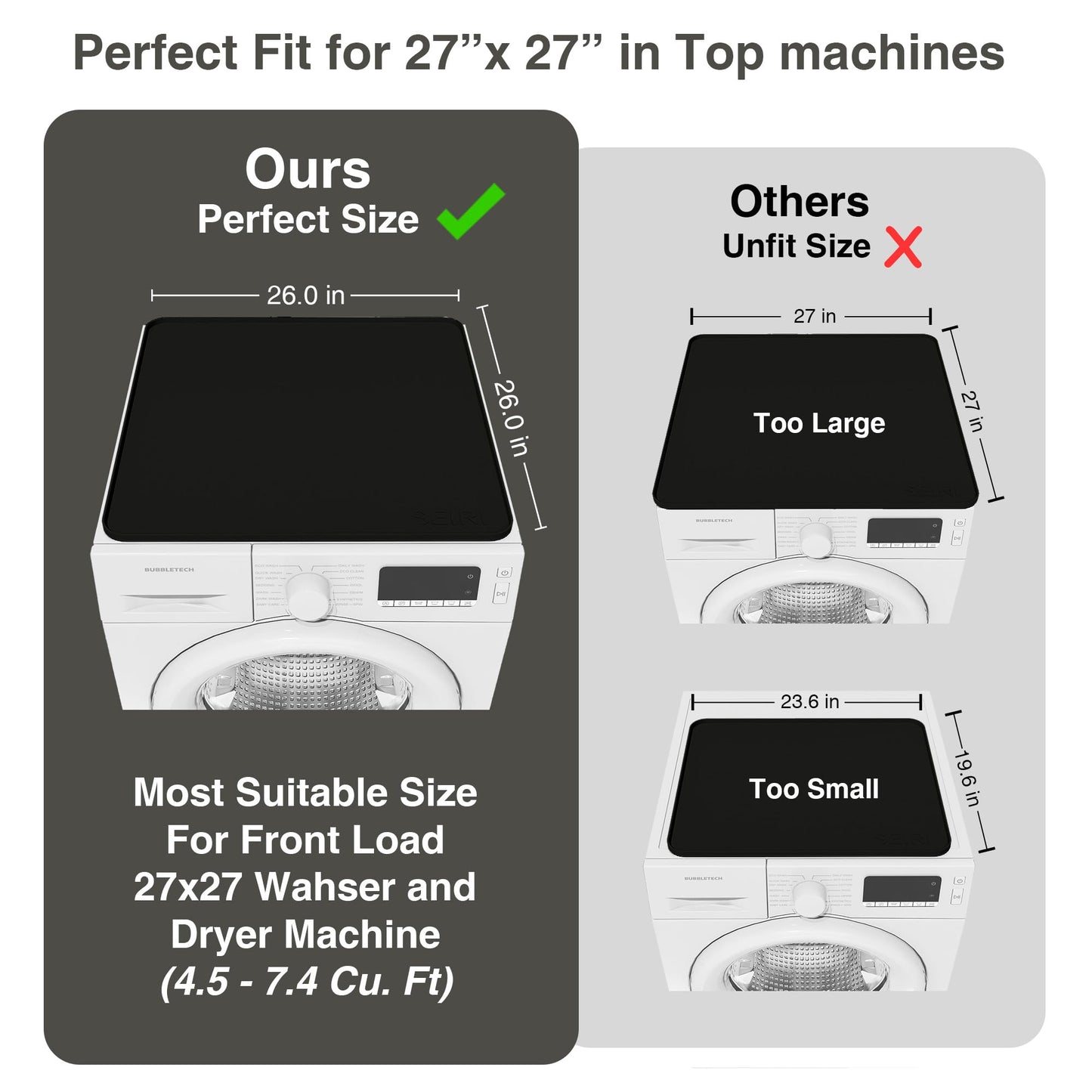 1 PACK SEIRI Washer and Dryer Topper, 26" x 26" Silicone Dryer Top Protector Mat for Flat Top Surface Cover and Front Load Washing Machine Non-Slip Waterproof Laundry Topper Mat Large (Black)