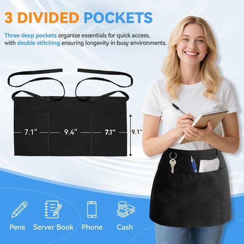 LOHYILYE 3 Pack Waitress Aprons with 3 Pockets, Server Apron for Waitress Waiter, Waist Half Serving Black Apron for Women Men, 12 inch