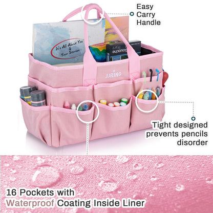 JJRING Craft Tote Bag Organizer for Art Storage, Art Tote Organization with Multiple Pockets, Art Sewing Supply Bag for Scrapbooking, Medical, and Office Supplies Storage (Pink)