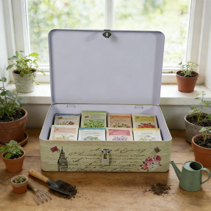 DreamsEden Seed Storage Box with Lock and Key, Metal Seed Organizer for Garden Packets, Waterproof Seed Saver Container, Rustic Decorative Box for Tea Sewing Letters, Gift for Gardeners Homesteaders
