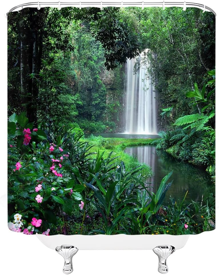 Rainforest Waterfall Shower Curtain Nature Green Forest Flowers Tropical Landscape Bathroom Decor with Hooks