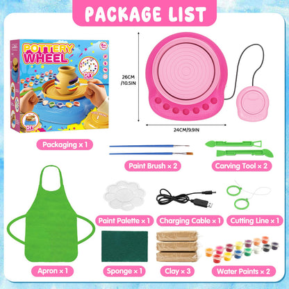 Pottery Wheel for Kids Complete DIY Pottery Painting Kit, Arts and Crafts for Kids Ages 8-12 with 3 Air-Dry Clay Packs and Tools, Art Supplies Toys Birthday Easter Gift for Boys Girls 6+ Years Old
