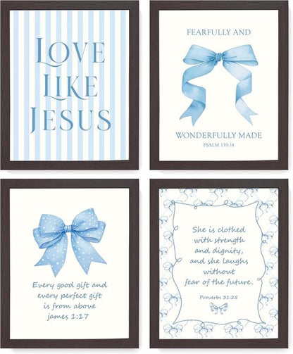 LARTSFRO Coquette Blue Bow Wall Art Decor - Inspirational Bible Verses | Set of 4, 10x8 Inch for Teen Girls
