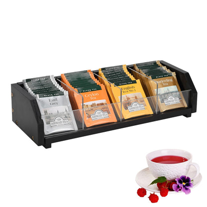 Tea Bag Holder Organizer Box with 4 Compartments, Pine Wood and Acrylic, 13.5 x 4.9 x 3.1 inches for Drawer, Cabinet, Countertop, Tea Tray (Black)