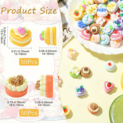 LiQunSweet 100 pcs Mixed Styles Miniature Figurines Imitation Cake Resin Ornament Mini Dessert Food No Hole Beads Display for DIY Jewelry Embellishment Craft Home Office Desk Decor