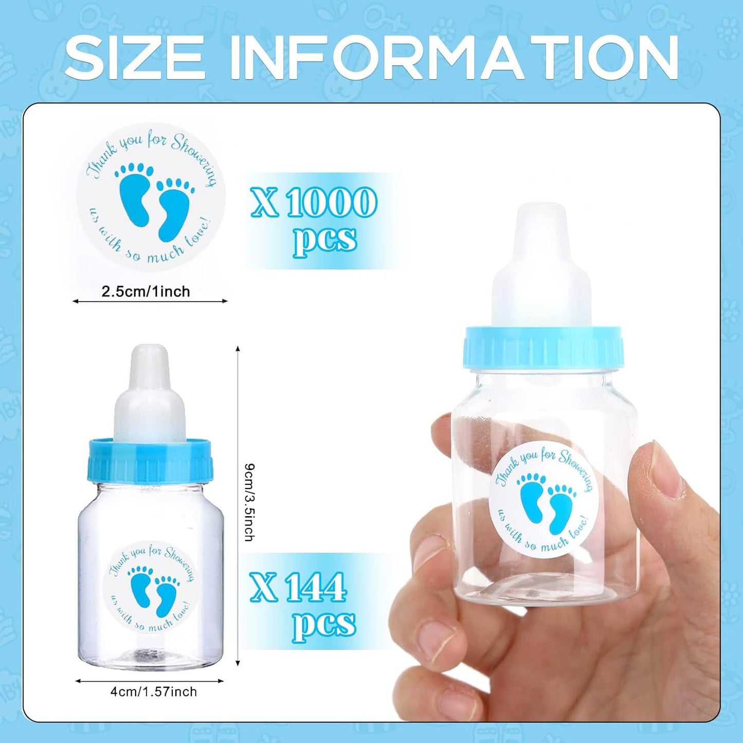 144 5.5 oz, Set 144 500 Blue Mini Baby Bottles for Baby Shower Favors - Plastic, Vented, Standard Bottle,