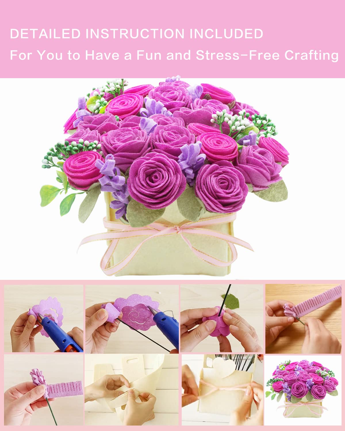BAZIMA DIY Felt Flower Art Craft Kit - Felt Rose and Lavender Kit, Floral Gifts - Arrange Pre-Cut Flowers and Foliage