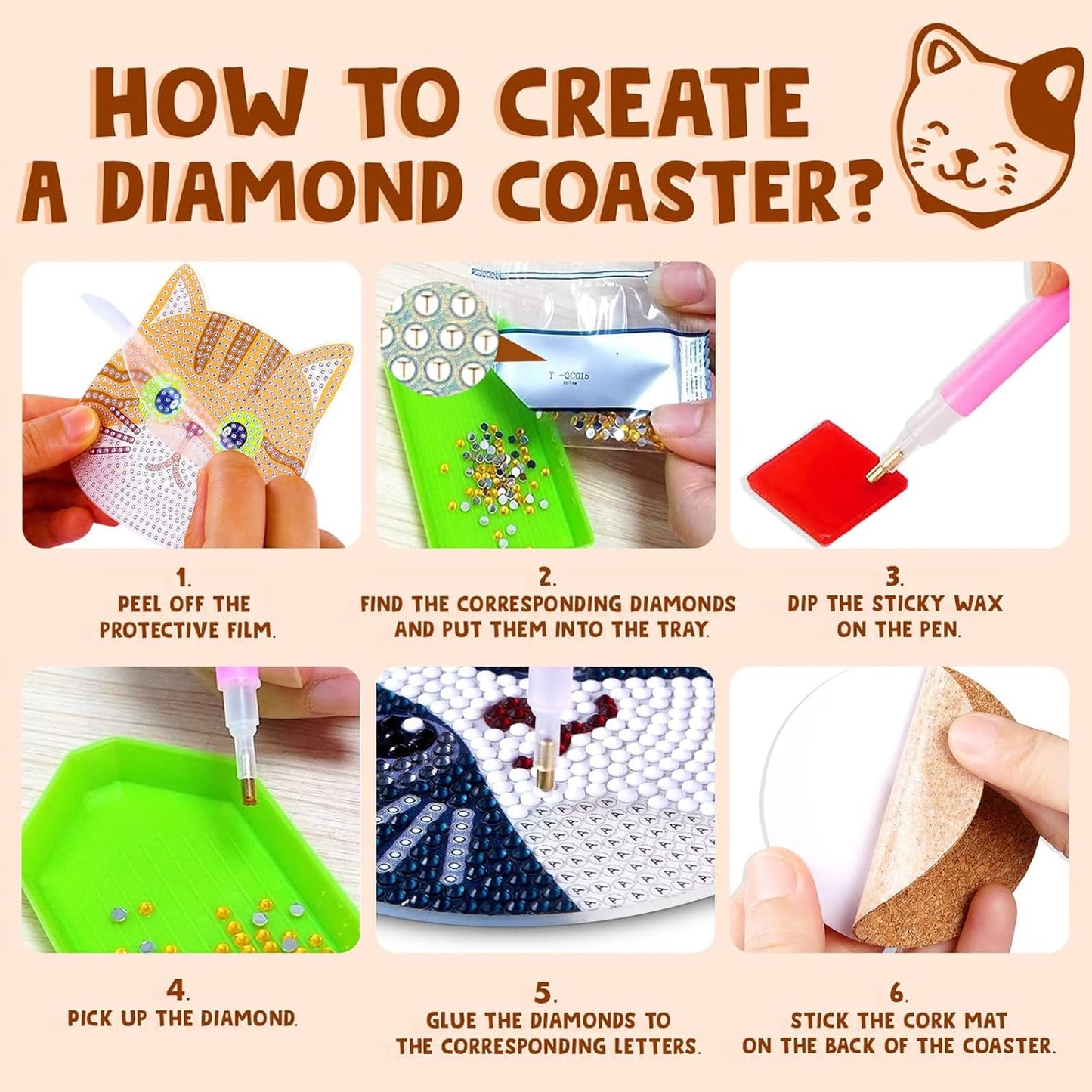 ACSAUMMY 10pcs Diamond Art Coasters Kits Cat Diamond Painting Coasters Kits with Holder Cork Pads Board DIY Cute Cat Diamond Set for Adults Beginners Crafts Supplies Gift Arts Room Dector