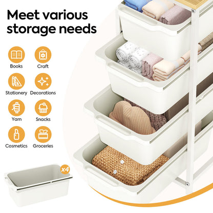Rolling Storage Cart with 4 Drawers, Craft Organizer, Wooden Tabletop Utility Cart for Bedroom, Children's Room and Office Organization, Table Side Trolley with Lockable Wheels, White