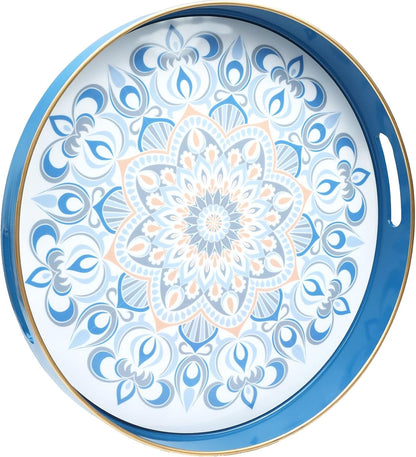 13 Round Blue Decorative Tray for Coffee Table, Ottoman, Plastic Serving Platter Tray with Handles for Entertaining