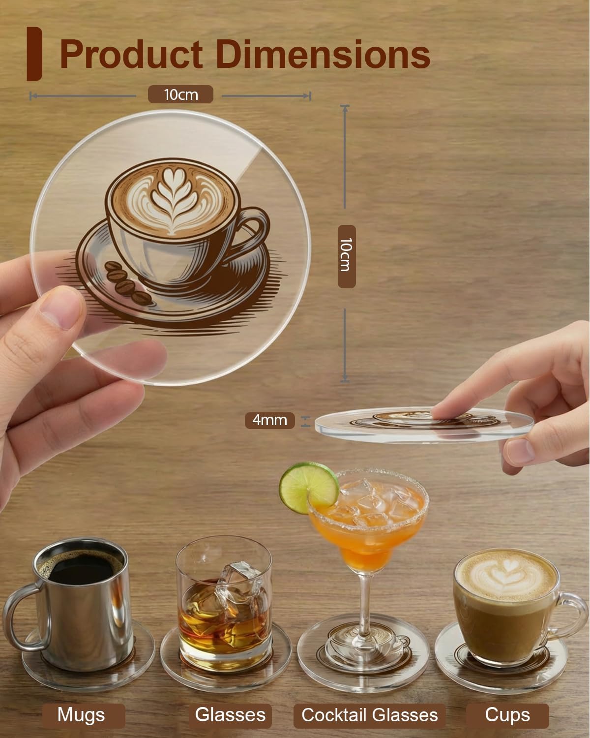 Lxndaser Set 4, Acrylic Coasters of Bar Drink Coasters for Coffee, Whiskey, Cocktails, Clear Modern Drink Coasters