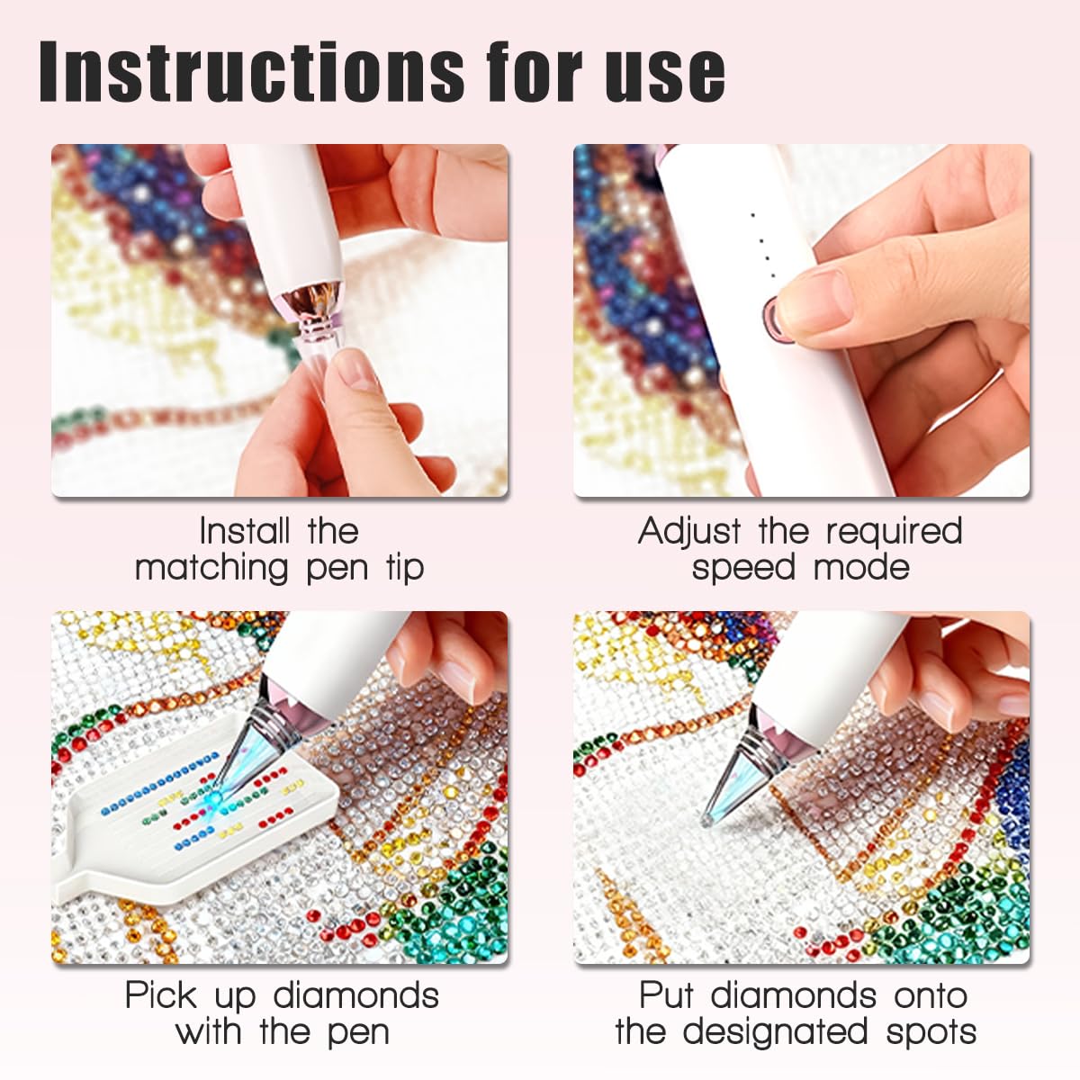 Electric Diamond Painting Pen, Cordless Vacuum Diamond Art Pen Low-Noise, Wax-Free, 3-Speed Adjustable, Rechargeable, Lightweight, Long-Lasting Electric Pen for Diamond Painting Accessories and Tools