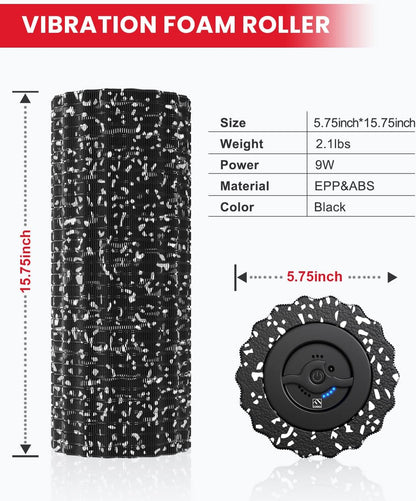FITINDEX Vibrating Foam Roller for Muscle Deep Tissue, Back Pain Relief, Leg Foot Neck Massager, Exercise, Pilates, Muscle Recovery, Physical Therapy, 4-Speed, Rechargeable, Black