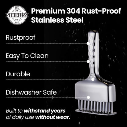 Meat Tenderizer Tool – Hassle Free Extra Long Handle, Rustproof One-Piece Meat Tenderizer Mallet & Hammer, Stainless Steel Blade Needle, Steak Cooking Accessories, No Assembly Needed, 5-Year Warranty