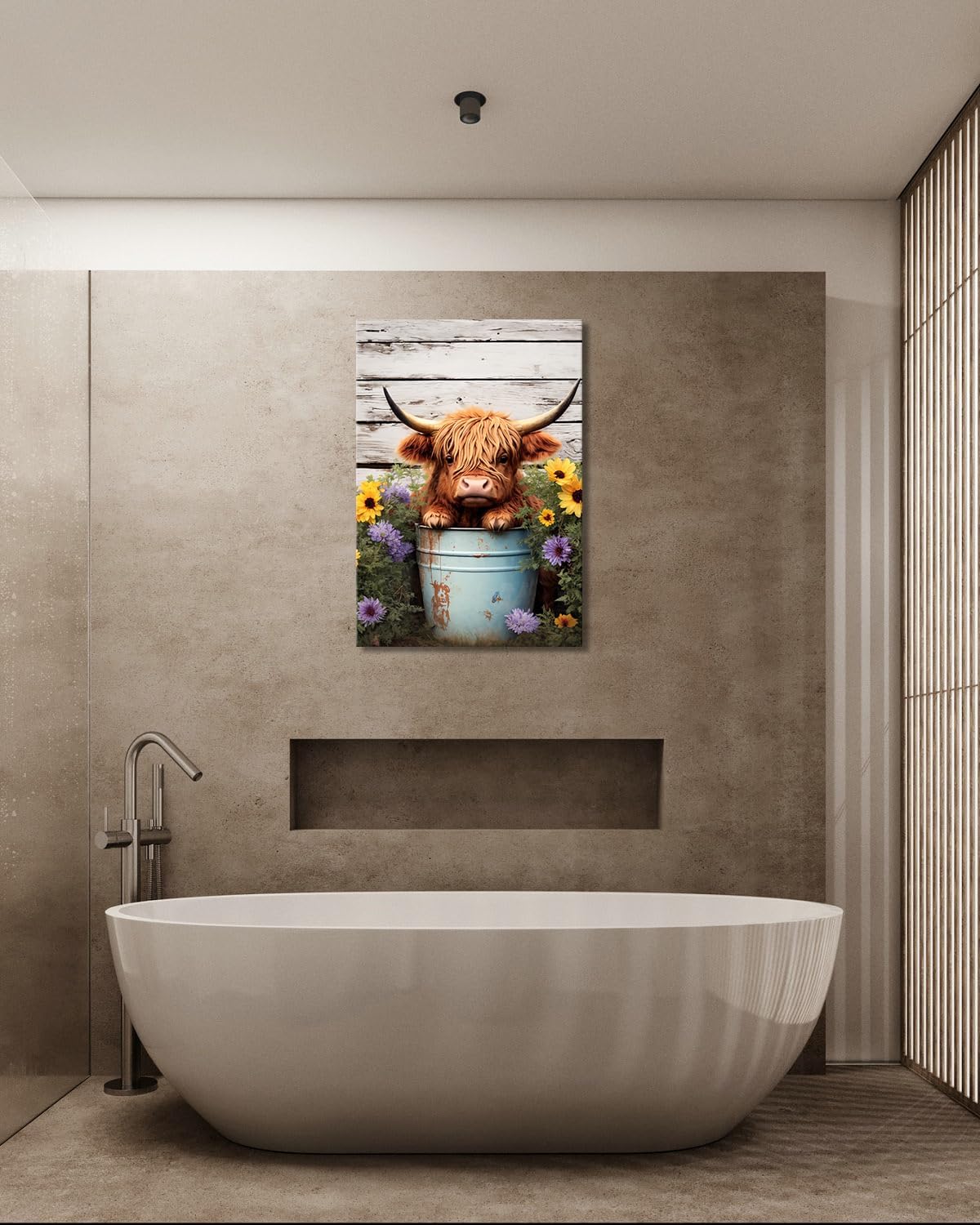 Cute Highland Cow Baby in Bucket Canvas Wall Art, Funny Animal Bathroom Decor, Farmhouse Cow Picture with Colorful