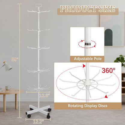 Exttlliy 5-Tier Metal Spinning Display Stand Rack with Wheels, Keychain Jewelry Stocking Hat Display Stand, White