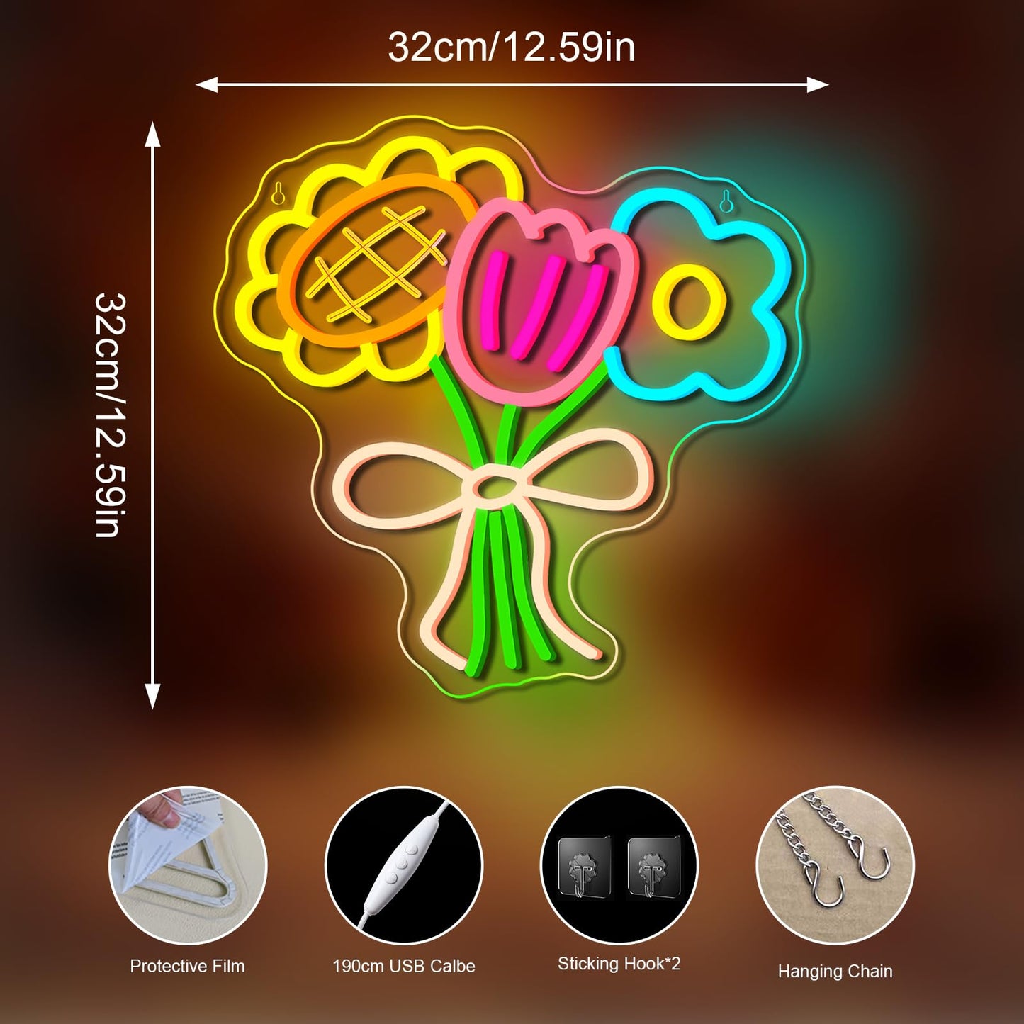 3 Flower Neon Sign Flower Neon LED Lights Cool Warm White Yellow Acrylic Wall Mount LED Boho Decorative Signage USB Powered Summer Retro Light up Sign for Wall Window Bedroom Wedding Birthday Party Decoration for Mother's Day