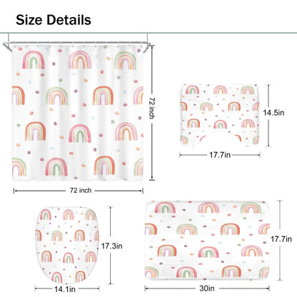 Ufeela 4 PCS Kids Girls Rainbow Shower Curtain Set 72Wx72H Inch, Bathroom Rug, Toilet Lid Cover, U Shape Mat, Boho Cute Pink Bathroom Set Nonslip Quick Dry Dirt Resistant Accessories Bathroom Decors