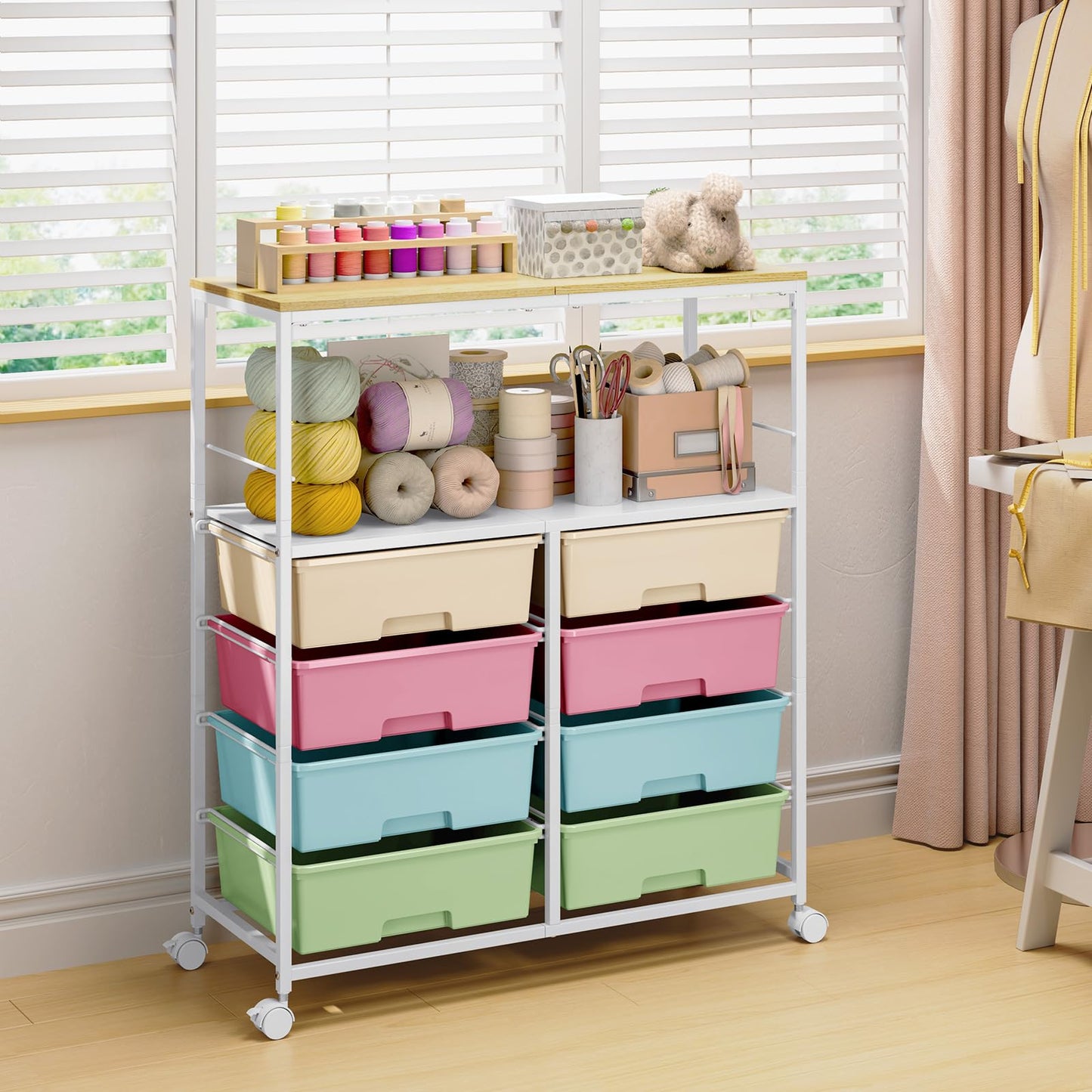 Rolling cart with 8 drawers,Storage drawer cart with wooden tabletop,Lockable wheels organizer for homeschool, arts & crafts, classroom, office & creative spaces (Colorful)
