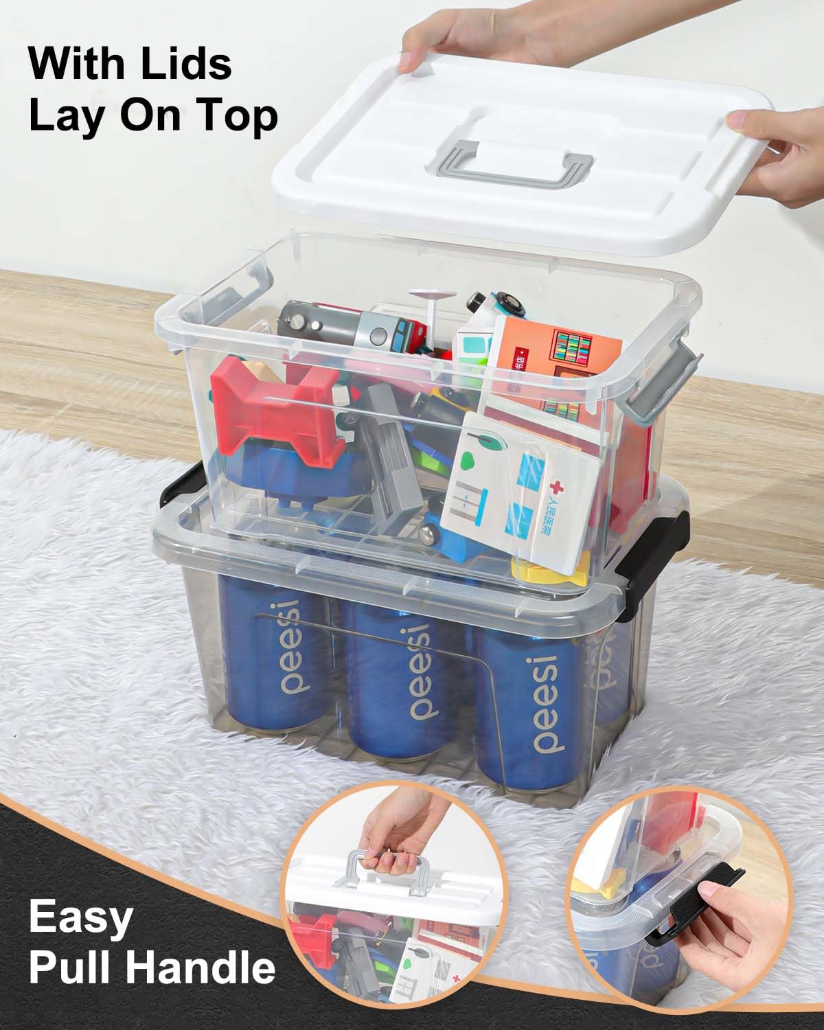 NUMIFUN Plastic Storage Bins with Lids 6 Pack Storage Organizer, 7 Quart Stackable Storage Bins with Buckle-Up Latches and Handle Storage totes easy for Home Office Pantry Organization, Clear Lids