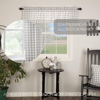 VHC Brands Annie Buffalo Check Farmhouse Kitchen Window Curtains, Lined Valance, 16x60, White & Grey