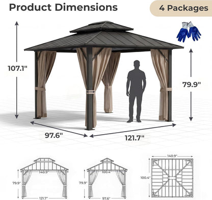Devoko 10' x 12' Metal Hardtop Gazebo,Aluminum Outdoor Deck Gazebo with Mosquito Netting&Curtains, Permanent Pavilion with Double Roof for Backyard, Garden(Windproof, Snow-Load Bearing, Rustproof)
