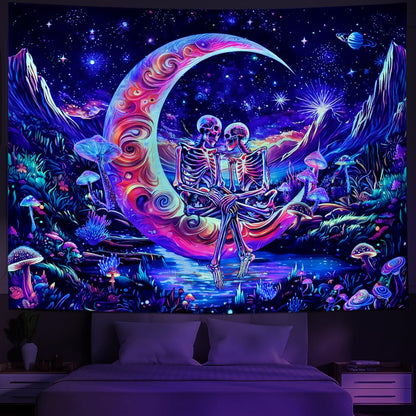 Huzuya Blacklight Skull Tapestry UV Reactive Galaxy Space Tapestries Psychedelic Moon Wall Tapestries Skeleton Lovers Wall Hanging for Bedroom Decor