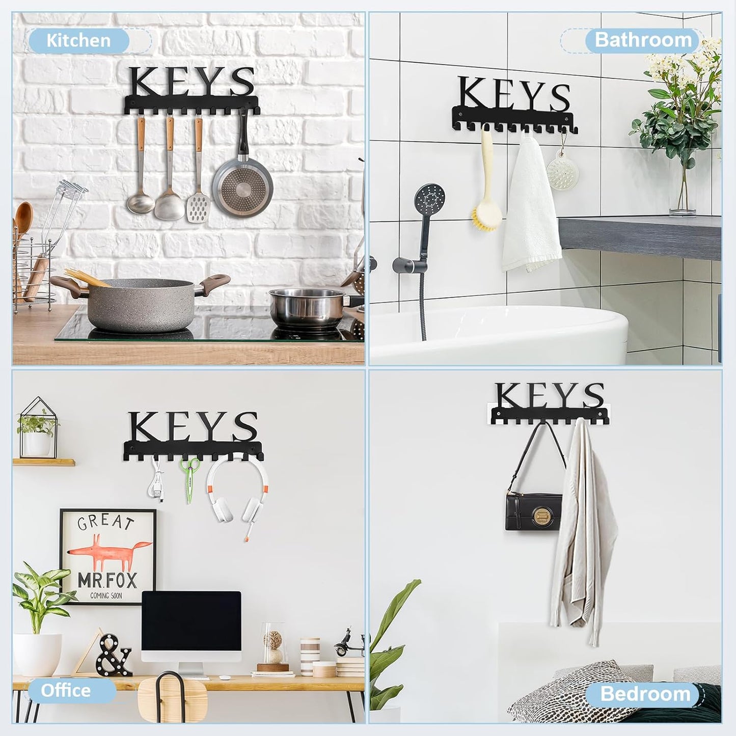 Black Key Holder Wall Mount, Decorative Key Rack Organizer with 10 Hooks, Metal Adhesive Keychain Holder
