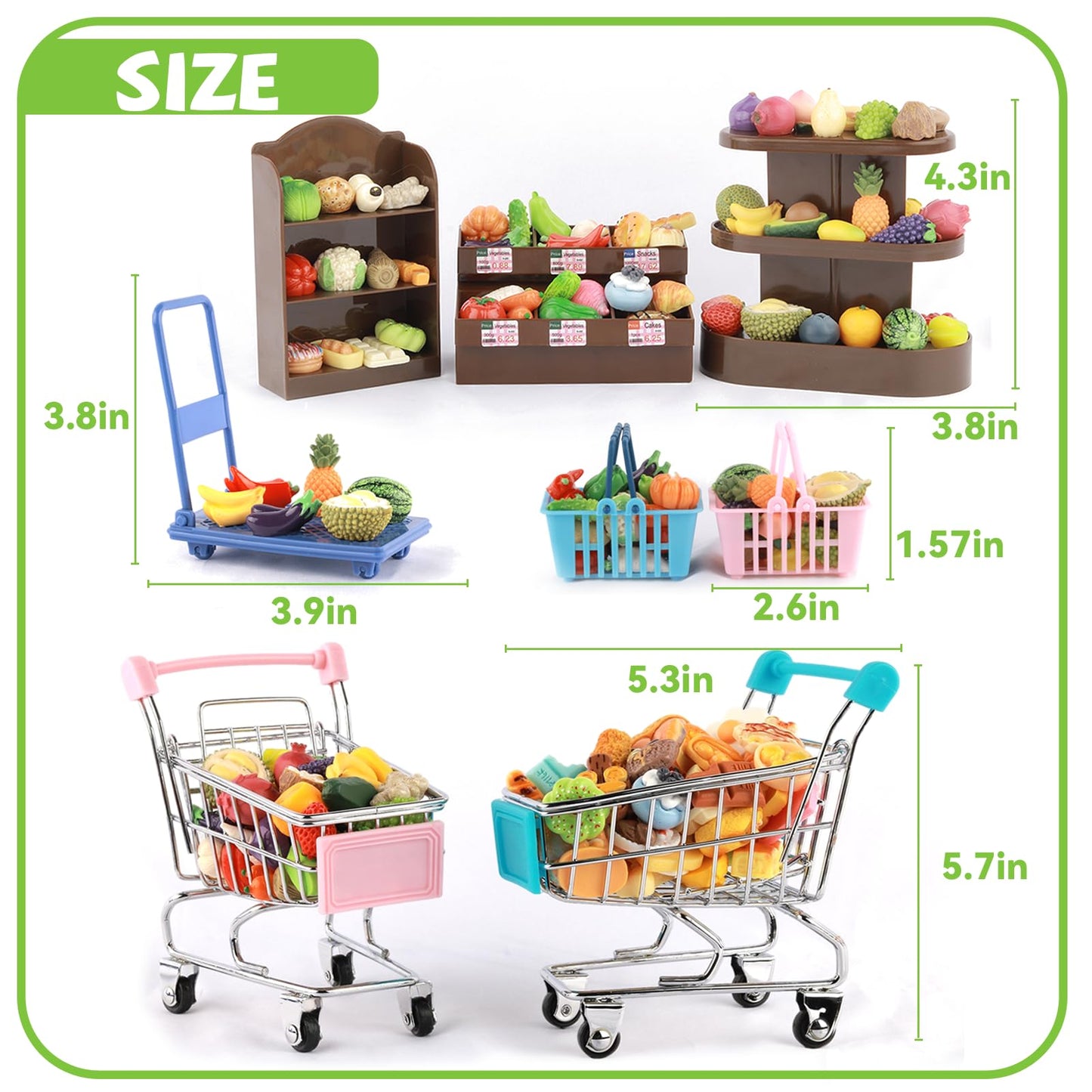 Mini Shopping Cart Basket, Miniature Grocery Toys 3 Supermarket Shelves Play Store 100+ Fruit Vegetable Cake Bread Mini Food Miniature Dollhouse Accessories with Push Cart
