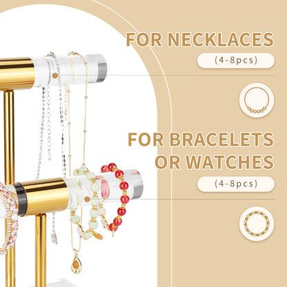 Jolboldy Necklace Holder Bracelet Holder, 2-Tier Acrylic Jewelry Display Stand Gold Jewelry Tower Stand Crystal T Bar Jewelry Organizer Gift for Women(2-Tier 1pc)