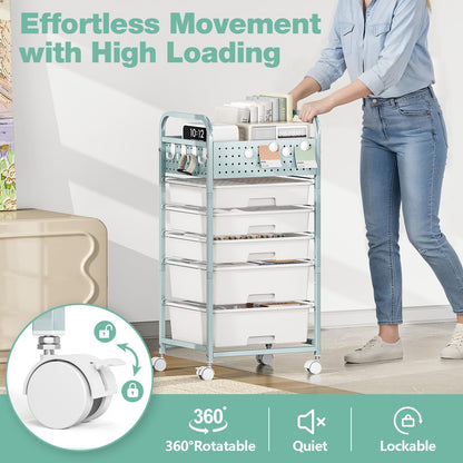 5 Drawer Rolling Storage Cart with Pegboard Top and Hooks, Mobile Utility Organizer with Wheels for Office Supplies, Craft Storage, Classroom Organization, Home Storage Cart, Green