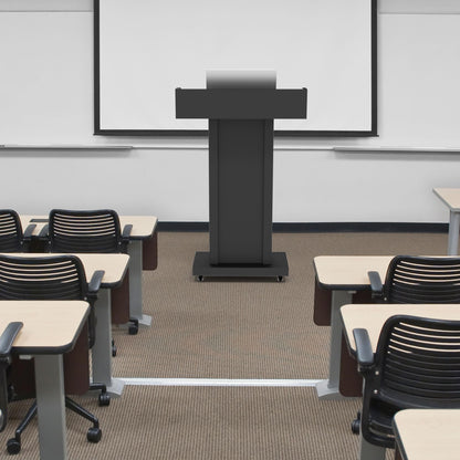 Heavy-Duty Black Metal Podium Stand with Lockable Wheels | Mobile Lectern with Storage Cabinet & Standard 44.56" Height | for Conference Rooms, Churches, Classrooms & Events (Style 3)