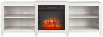 Crosley Furniture Ronin Low Profile Fireplace TV Stand for 75+ inch TVs, Entertainment Center with Shelves, Whitewash