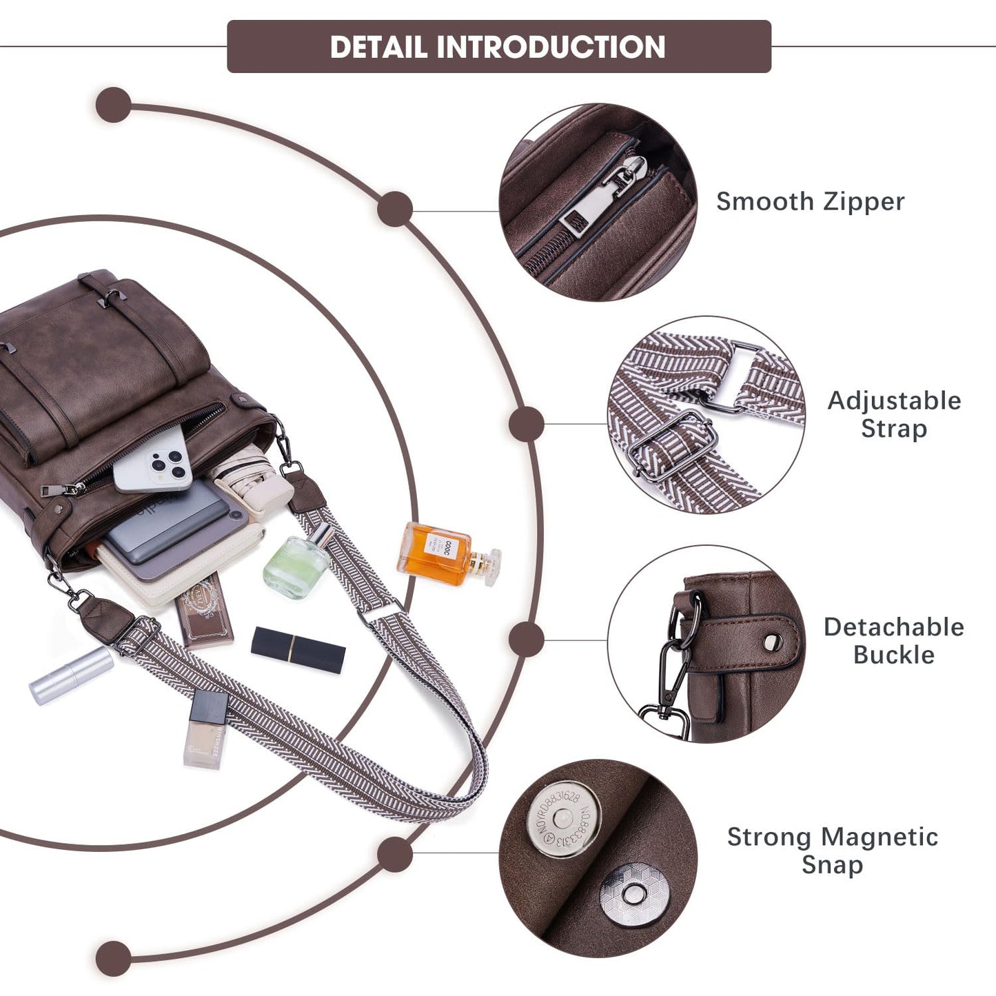 Roulens Crossbody Bags for Women,Multi Pocket Crossbody Purses Vegan Leather Shoulder Handbags Travel Purse Adjustable Strap
