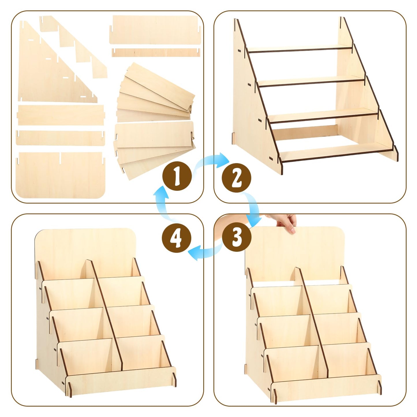 Wonderjune 3 Pcs 4 Tiered Greeting Card Display Stand Sticker Display Stand for Vendors Wooden Collector Card Rack Wood Holder for Postcard Photos Bookmark Trade Shows Retail Counter, 3 Sizes(Brown)