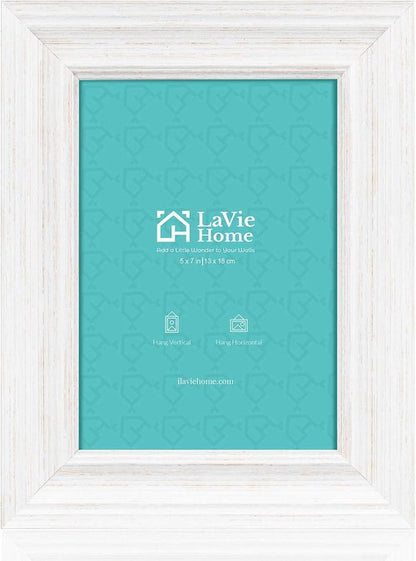 LaVie Home 5x7 Picture Frame - Rustic Distressed White Design for Wall & Tabletop Display