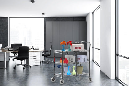 Luxor WSCC-3 Three-Shelf Collapsible Wire Utility Cart, Push Heavy Duty, 4" Thermoplastic Rubber Casters Two with Locking Brakes,Holds 300 lbs. and Folds Up for Storage, 37"W x 18.25"D x 30.5"H