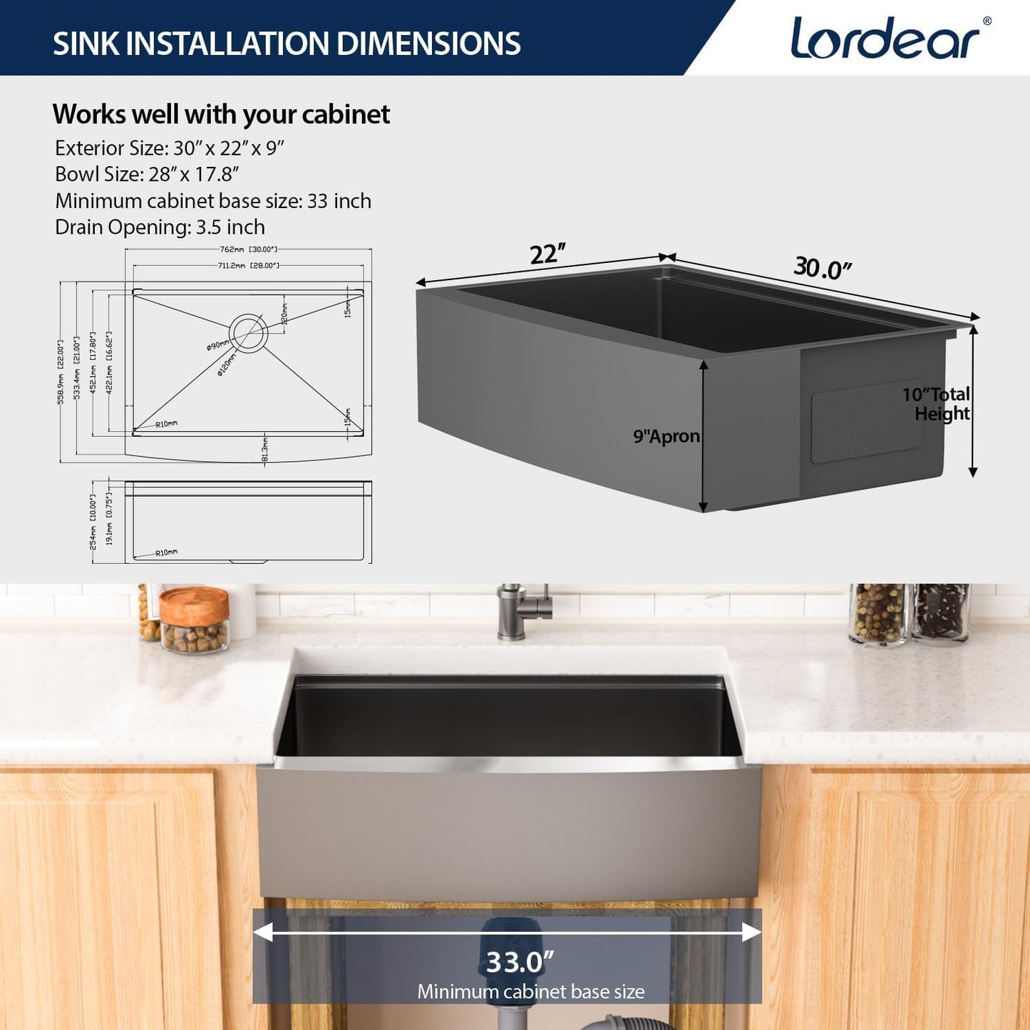 30 Black Farmhouse Sink - Lordear 30 inch Farm Kitchen Sink Workstation Apron Front 16-Gauge Gunmetal Black Stainless Steel Single Bowl Deep Kitchen Farmer Sinks, 9" Apron Height