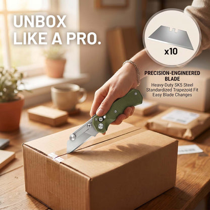 Folding Utility Knife for Men Women,Quick Change Box Cutter with 10Pcs SK5 Replaceable Blades,EDC Razor Knife for Cartons,Cardboard,Boxes,Christmas Stocking Stuffers Gifts for Men Husband Women (Green)