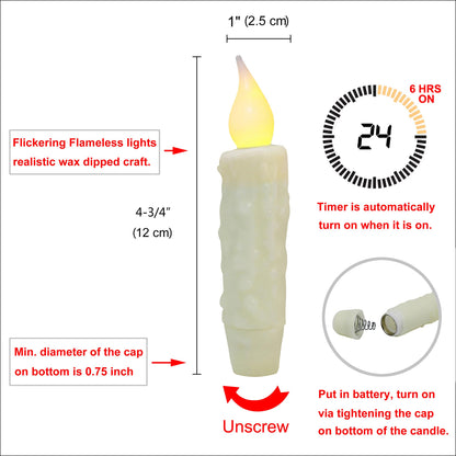 CVHOMEDECO. Real Wax Hand Dipped Battery Operated LED Timer Taper Candles Country Primitive Flameless Lights Décor, 4-3/4 Inch, Ivory, 3 PCS in a Package