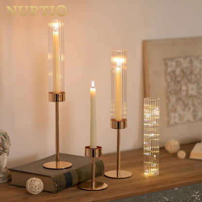 NUPTIO Tall Candlestick Holders - Elegant Hurricane Candle Holders with Ribbed Glass Sleeve | Set of 3 Gold Metal for Table & Fireplace Decor