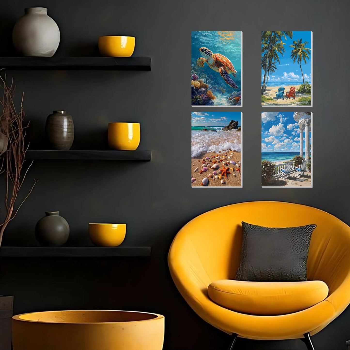 4 Pack Beach Framed Paint By Numbers Kit for Adults Beginner Sea Turtle Adult Paint By Number Kits on Canvas Painting By Numbers for Adults with Frame Diy Painting Kits for Home Wall Art 8x12 Inch